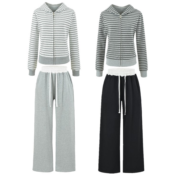 Women's Gray Striped Sweatshirt and Wide Leg Sweatpants