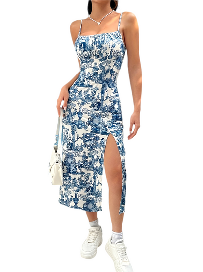Élégante Robe Fendue à Bretelles Imprimé Floral | Tissu Léger en Polyester et Tricot | 200g/m² | Robe d'Été Adulte