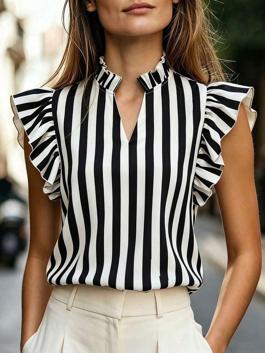Women's Retro Ruffle-Trimmed Printed Sleeveless Shirt