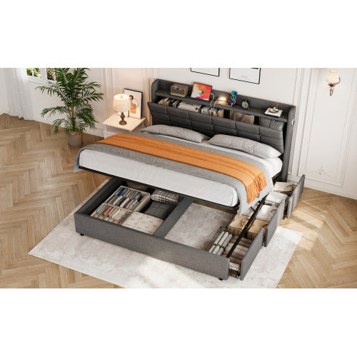 5ft King Bed Frame With Hydraulic Storage, Linen Upholstered Bed With Concealed Headboard Storage And Drawers, Button Tufted Headboard With Charging Station And LED Night Light, Grey