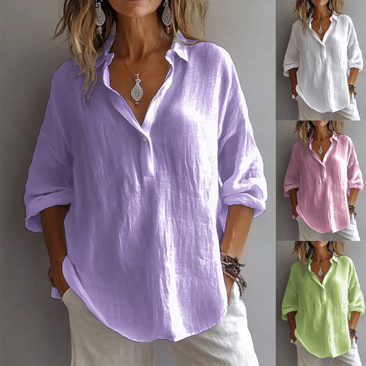 Womens Long-sleeved Lapel Pullover Shirt