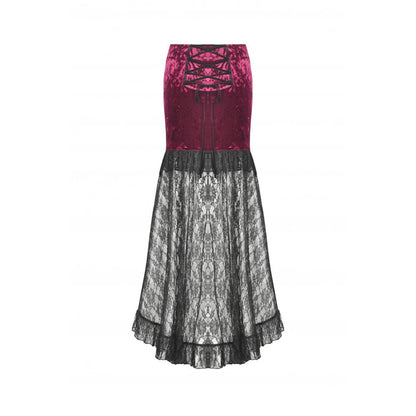Dark in Love Crimson Queen Lace High-Low Goth Skirt in Burgundy & Black