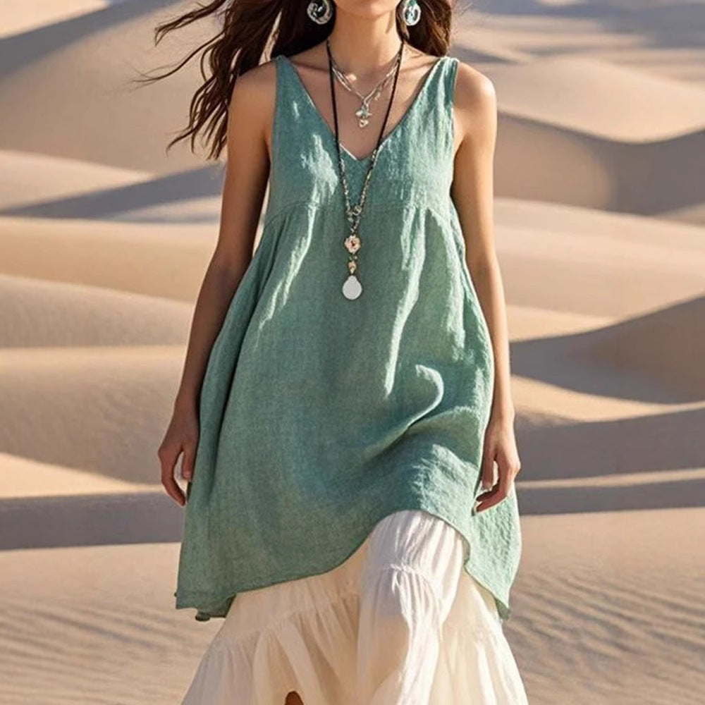 Sleeveless V-Neck Pleated Beach Dress