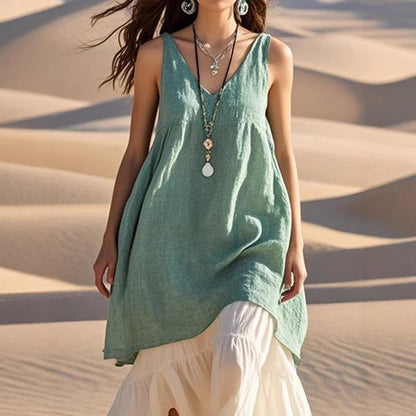 Sleeveless V-Neck Pleated Beach Dress