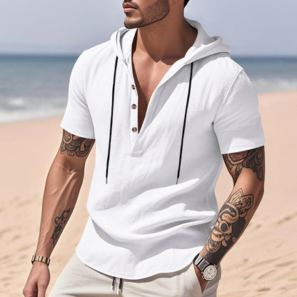 Men's Linen Hooded Henley Shirt - Breathable Short Sleeve