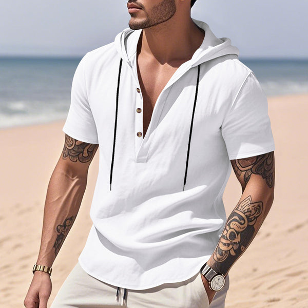 Chemise Henley à Capuche en Lin Homme - Manches Courtes Respirante