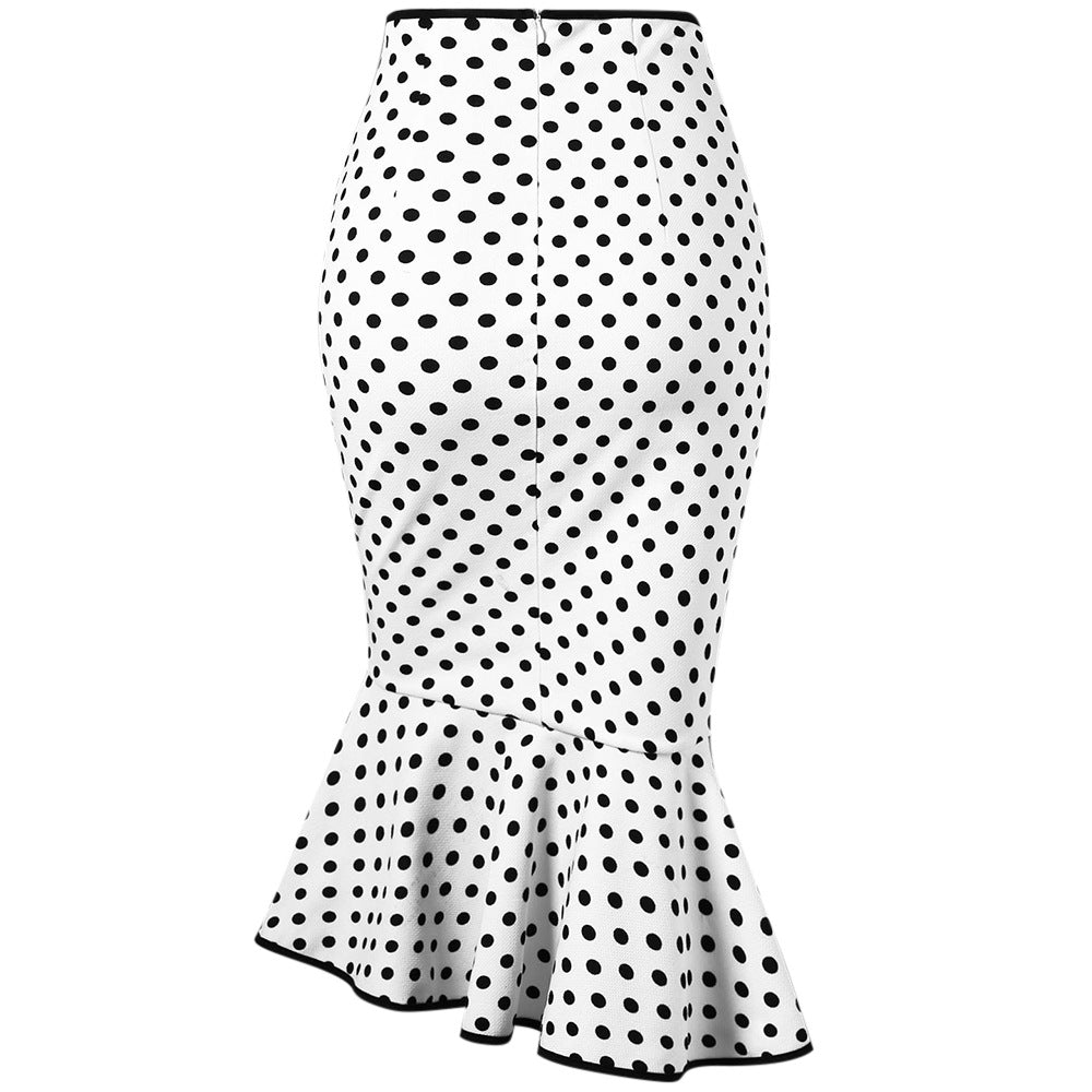 Button Lace-up Polka Dots Half Body Slim-fit Fishtail Skirt