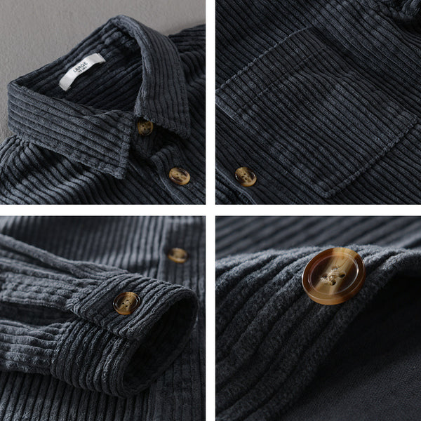 Winter Corduroy Shirt With Pocket Fashion Lapel Button Long Sleeve Top Men's Clothing