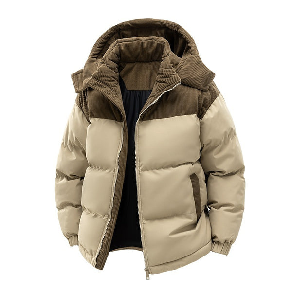 Manteau rembourré en coton avec chapeau amovible pour couple, patchwork contrasté, épaissi