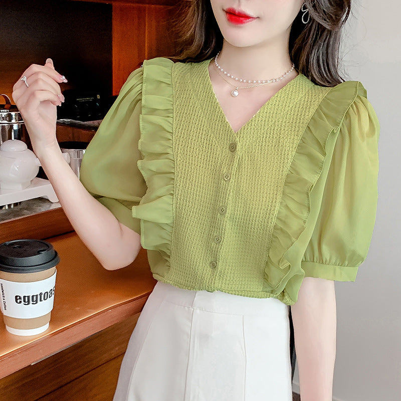 Fashionable Ruffle-trimmed Panelled Puff-sleeve V-neck Shirt