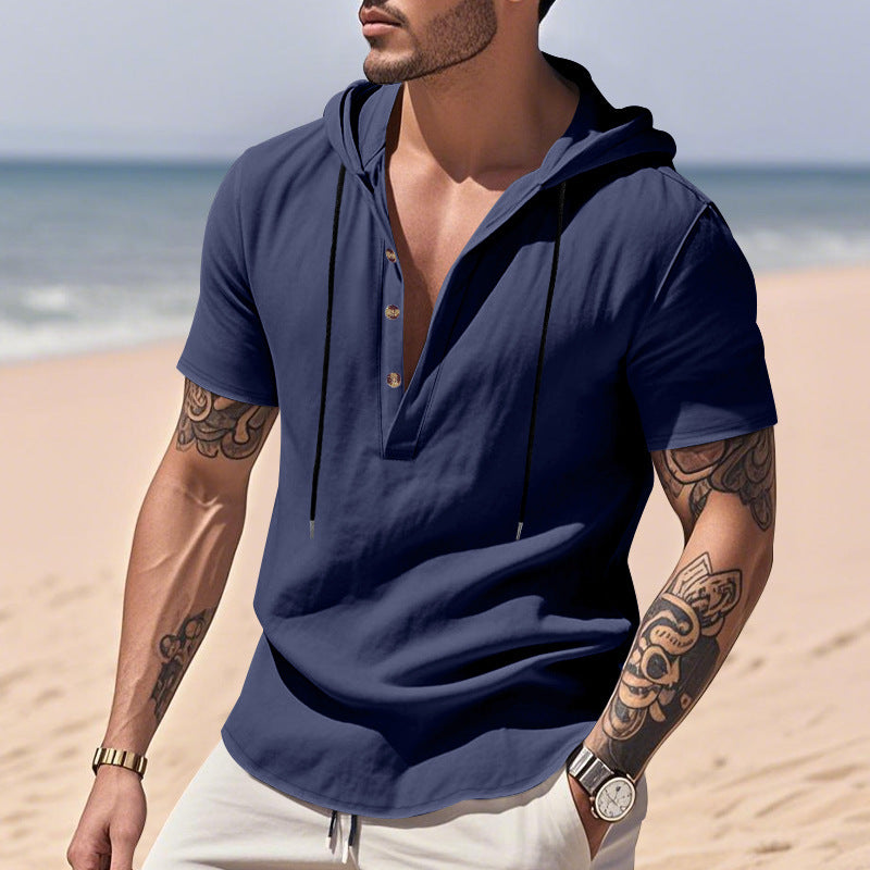 Men's Linen Hooded Henley Shirt - Breathable Short Sleeve