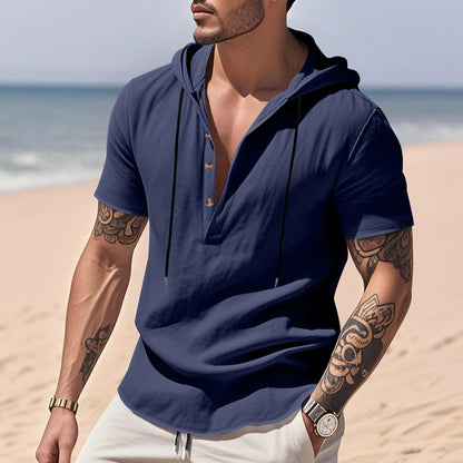 Men's Linen Hooded Henley Shirt - Breathable Short Sleeve
