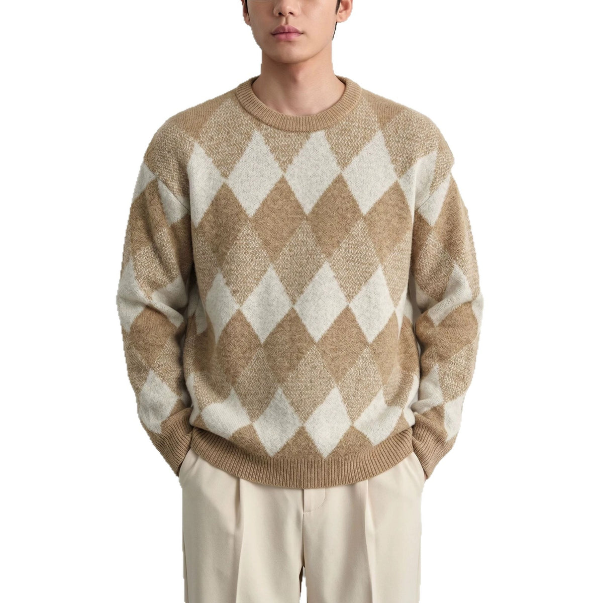 Diamond grid long sleeved sweater for men