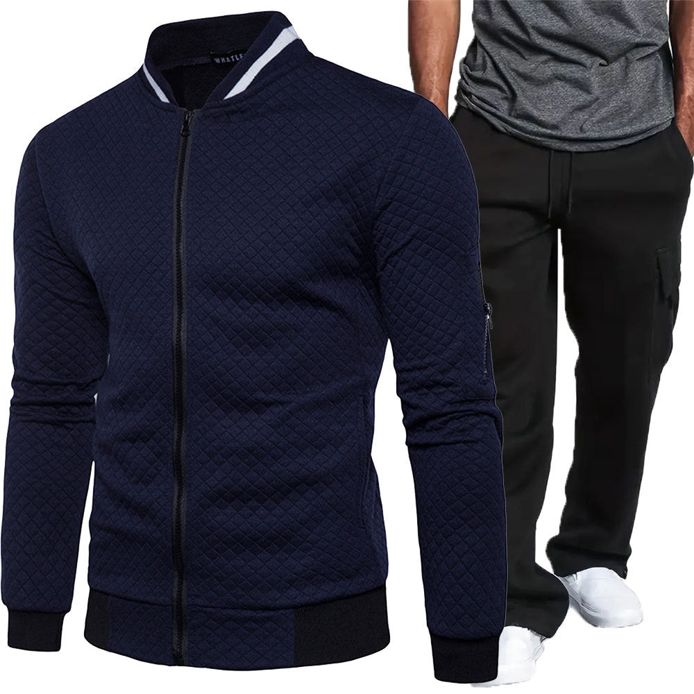 Casual Plaid Zip-Up Fleece-Lined Cargo Jacket and Pants Set