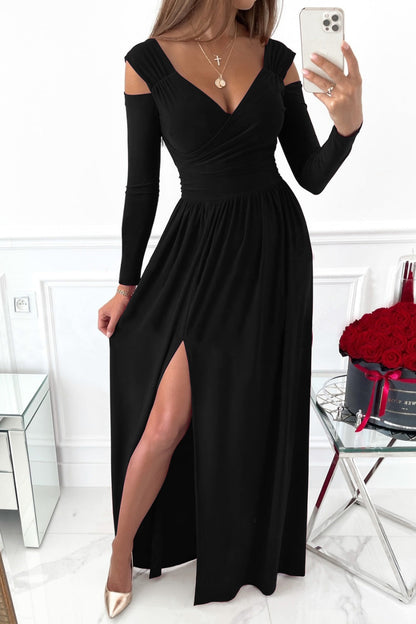 Robe longue fendue à manches longues et décolleté cache-cœur