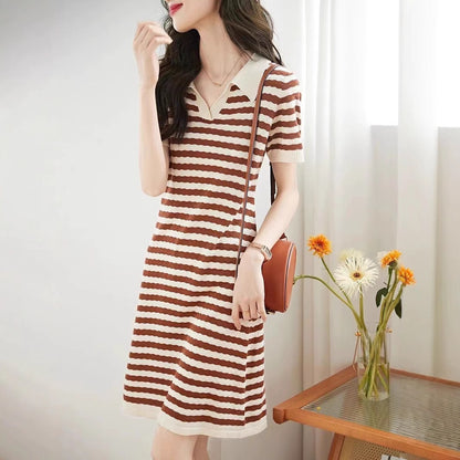 Color Contrast Striped Lapel Knitted Dress