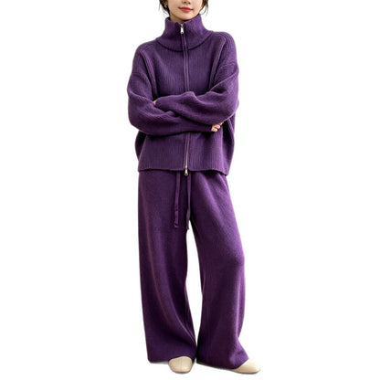 Solid color stand up collar sweater wide leg pants two-piece set for women
