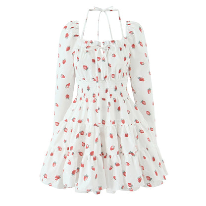 Strawberry Print Square Neck Bubble Sleeve Waist-tied Dress