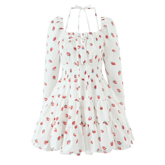 Strawberry Print Square Neck Bubble Sleeve Waist-tied Dress