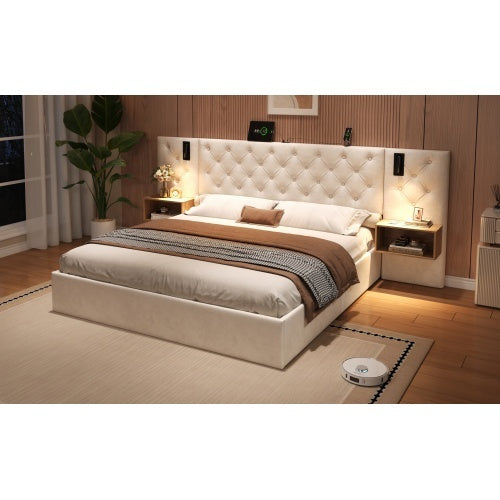 King Upholstered Bed With Charging Station, Velvet Hydraulic Storage Bed With Reading Light, 5ft King Bed Frame With Handmade Button Tufted Wide Headboard And Bedside Storage, Beige
