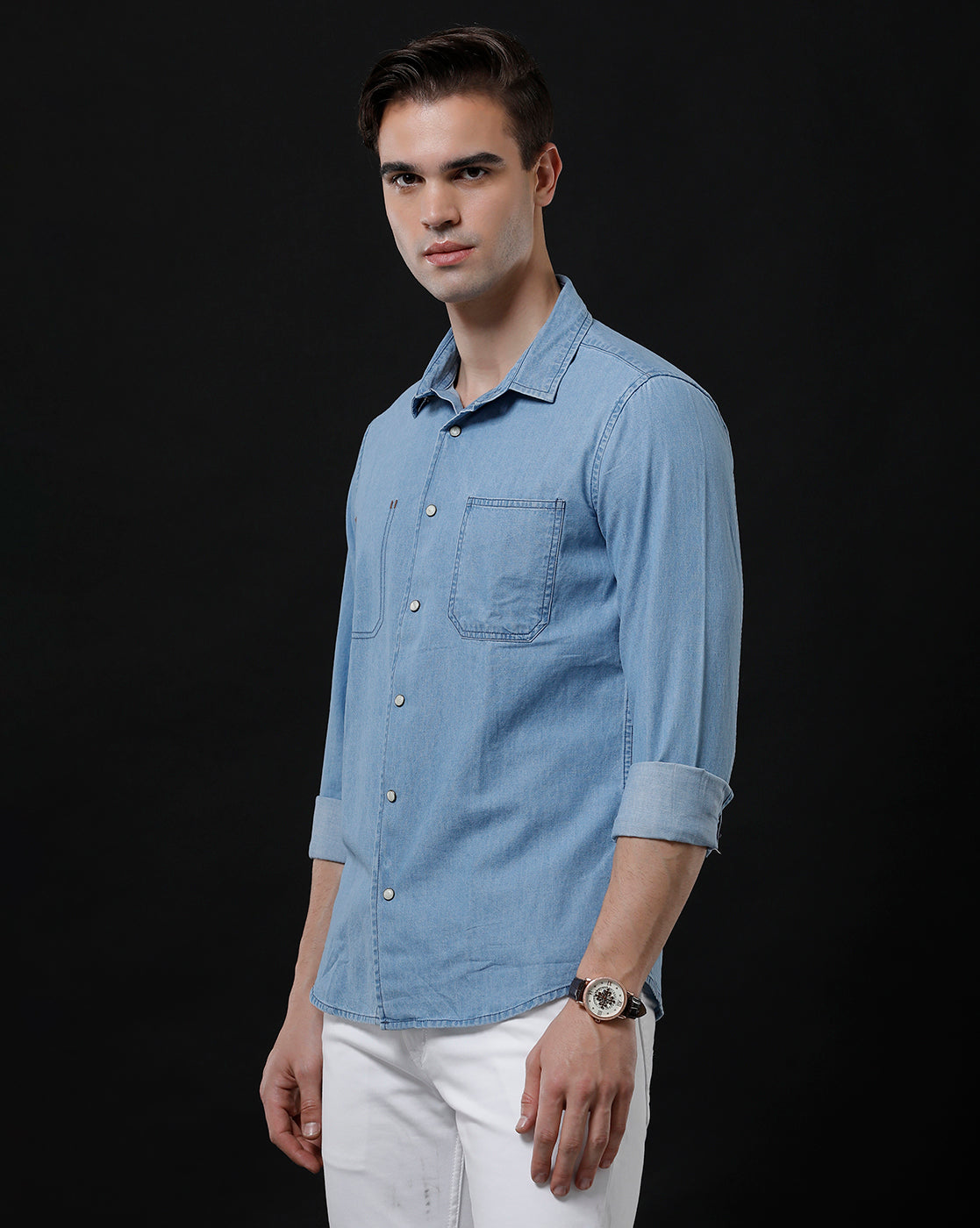 Men's Slim Fit Solid Denim Casual Shirt (MOIST)