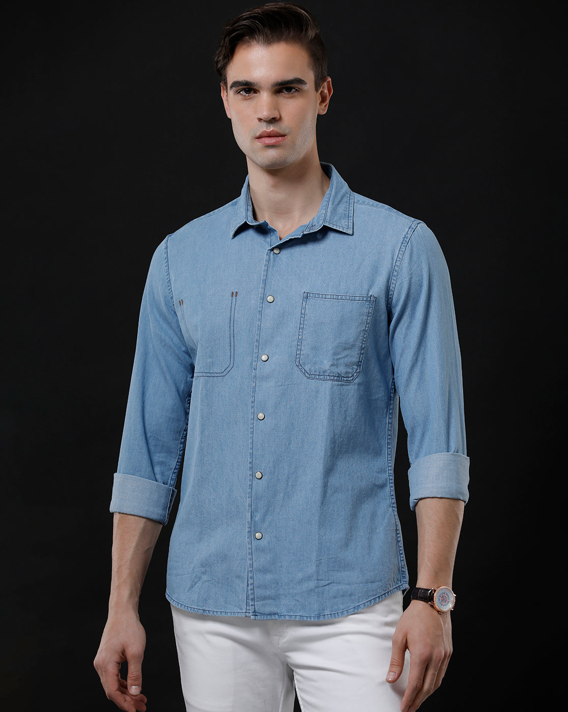 Men's Slim Fit Solid Denim Casual Shirt (MOIST)