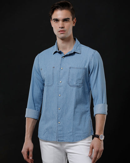 Men's Slim Fit Solid Denim Casual Shirt (MOIST)
