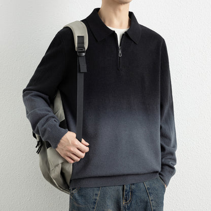 Men's Gradient Half Zip Lapel Collar Relaxed Fit Sweater
