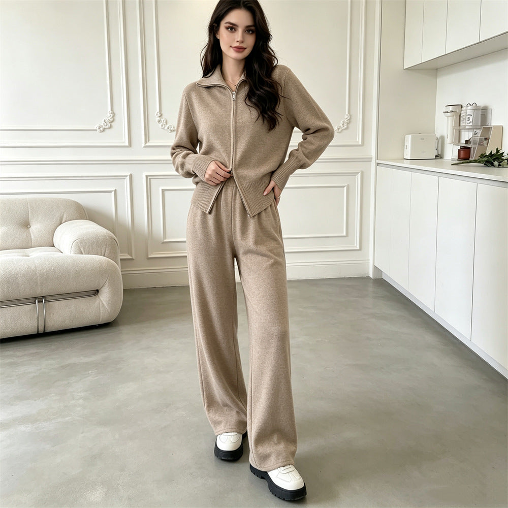 knitted sweater cardigan wide leg pants two-piece set