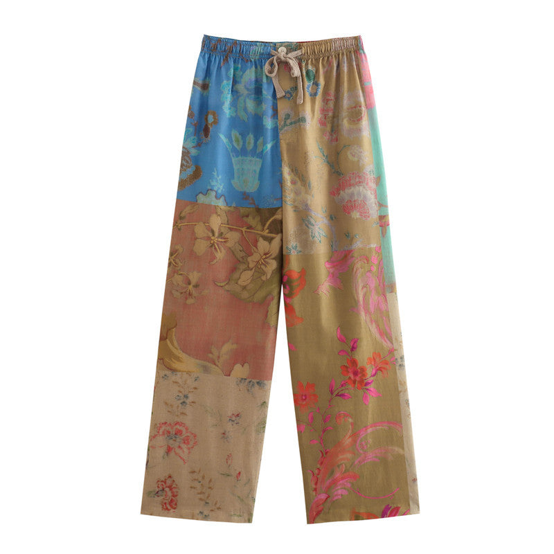 color blocked printed loose shirt with lace up straight leg pants set