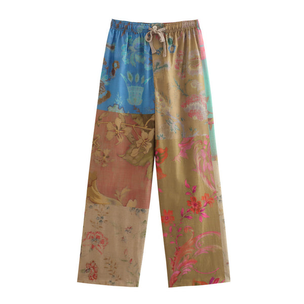 color blocked printed loose shirt with lace up straight leg pants set