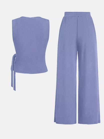 Side Tie Round Neck Tank and Pants Set