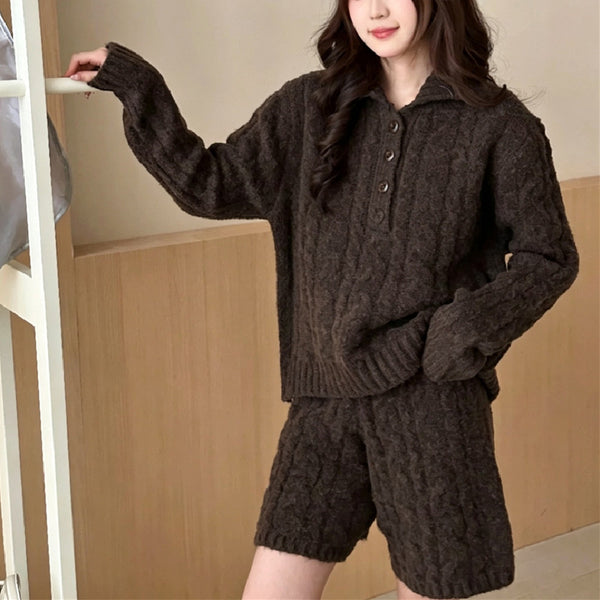 Collar pullover sweater high waisted shorts set for women