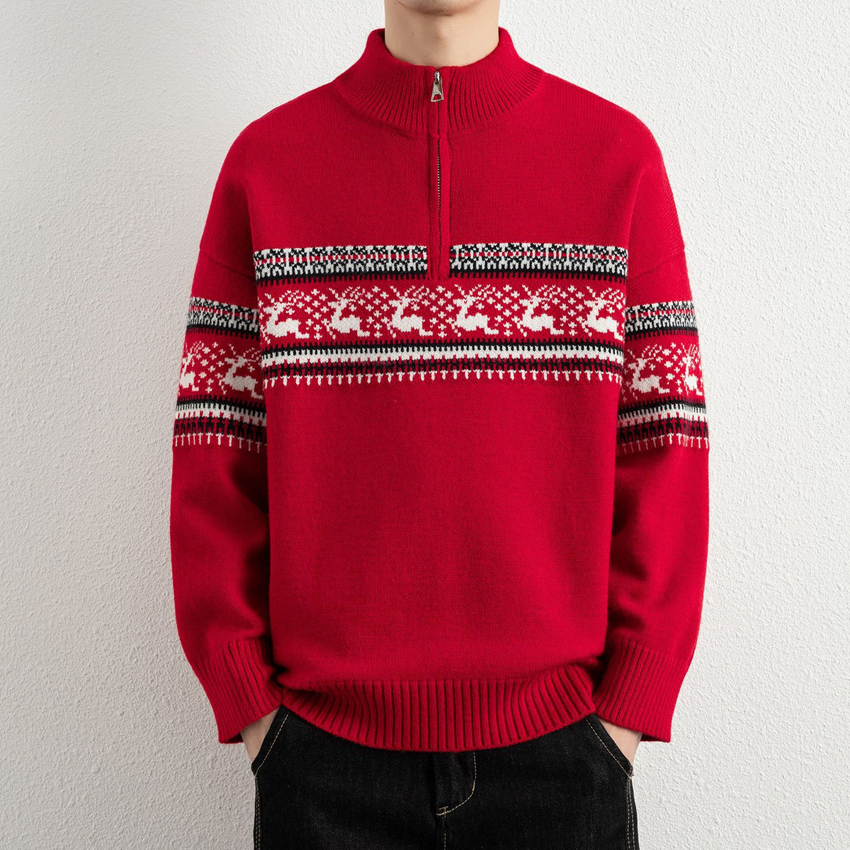 Casual Color Block Long Sleeve Half Zip Stand Collar Men's Sweater