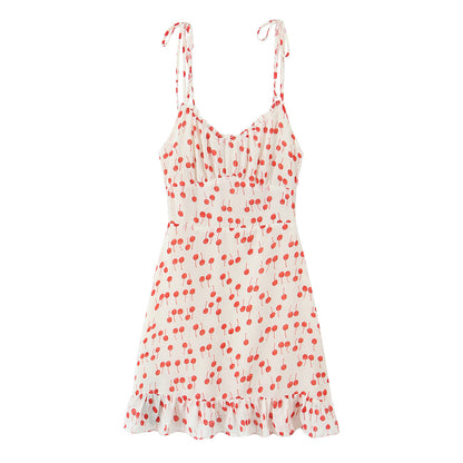 Print Lace-up V-neck Strapless Dress with Ruffled Hem and Slim Fit