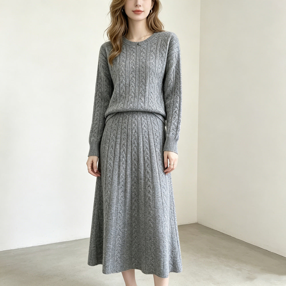 Round neck pullover sweater skirt set for women