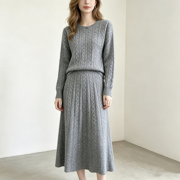 Round neck pullover sweater skirt set for women