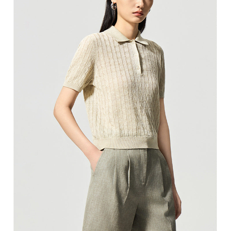Vintage Preppy Style Polo Neck Linen Knit Short Sleeve