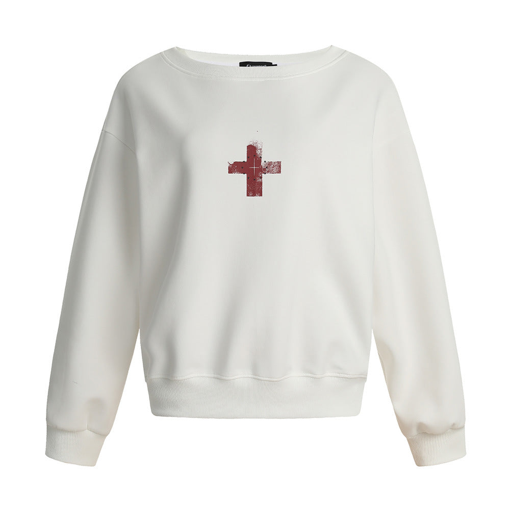Sweat à capuche col rond à imprimé croix, manches longues, ample, streetwear décontracté