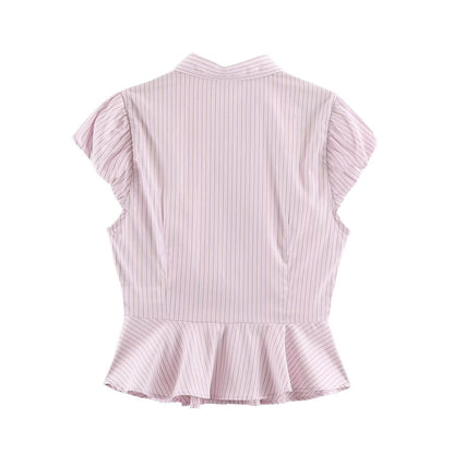 Single breasted striped ruffle edge shirt for women