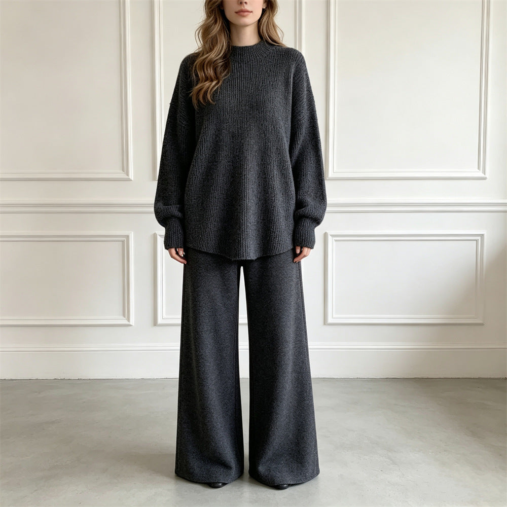 Loose solid color pullover sweater set