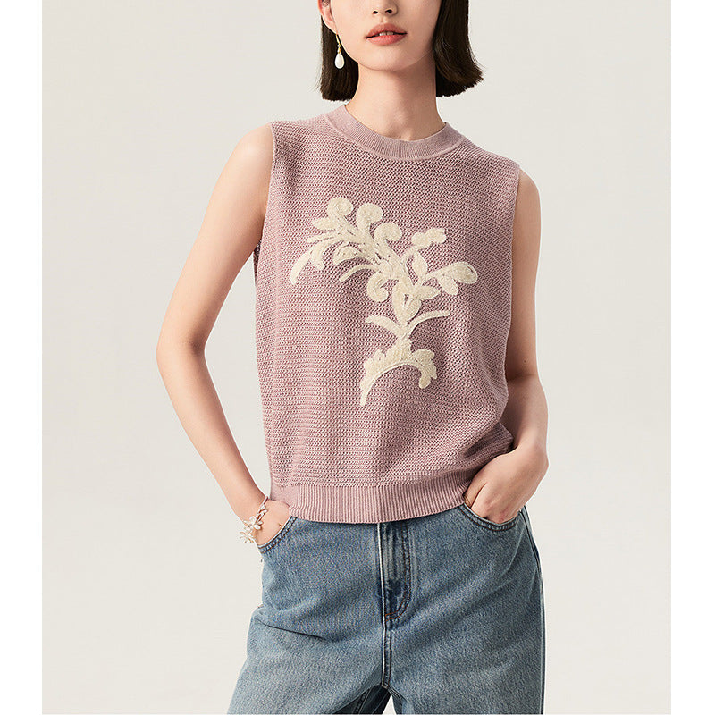 Lightweight Knit Sleeveless Top with Embroidery and Color-block Pattern, Elegant Summer Style