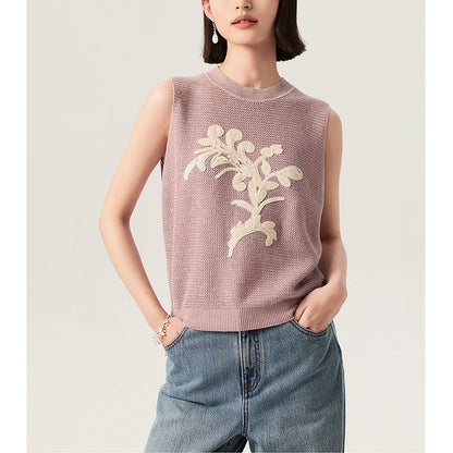 Lightweight Knit Sleeveless Top with Embroidery and Color-block Pattern, Elegant Summer Style