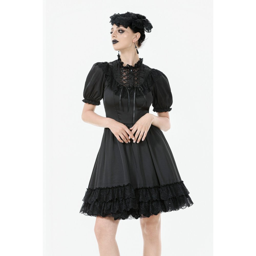 Robe Gothique Noire Dark in Love Belladonna à Manches Bouffantes et Col Montant Lacé