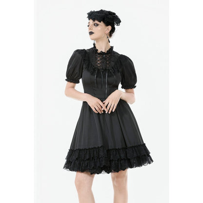 Robe Gothique Noire Dark in Love Belladonna à Manches Bouffantes et Col Montant Lacé