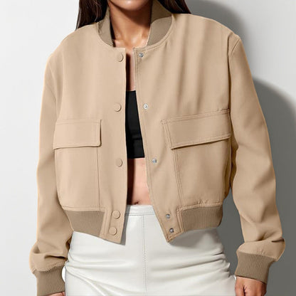 Veste de mode à col montant avec grandes poches décontractée ample courte vêtement d'extérieur haut manteau pour femmes