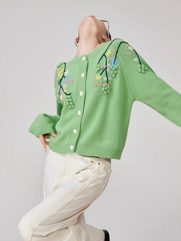 3DEmbroidered Round Neck Knitted Cardigan