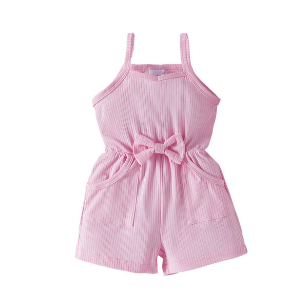 Girls' Striped Bow-Suspender Jumpsuit