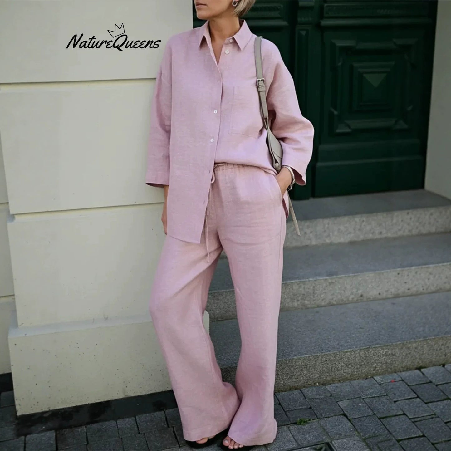 Womens Casual Solid-Color Shirt-and-Loose-Pants Set