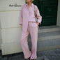 Womens Casual Solid-Color Shirt-and-Loose-Pants Set